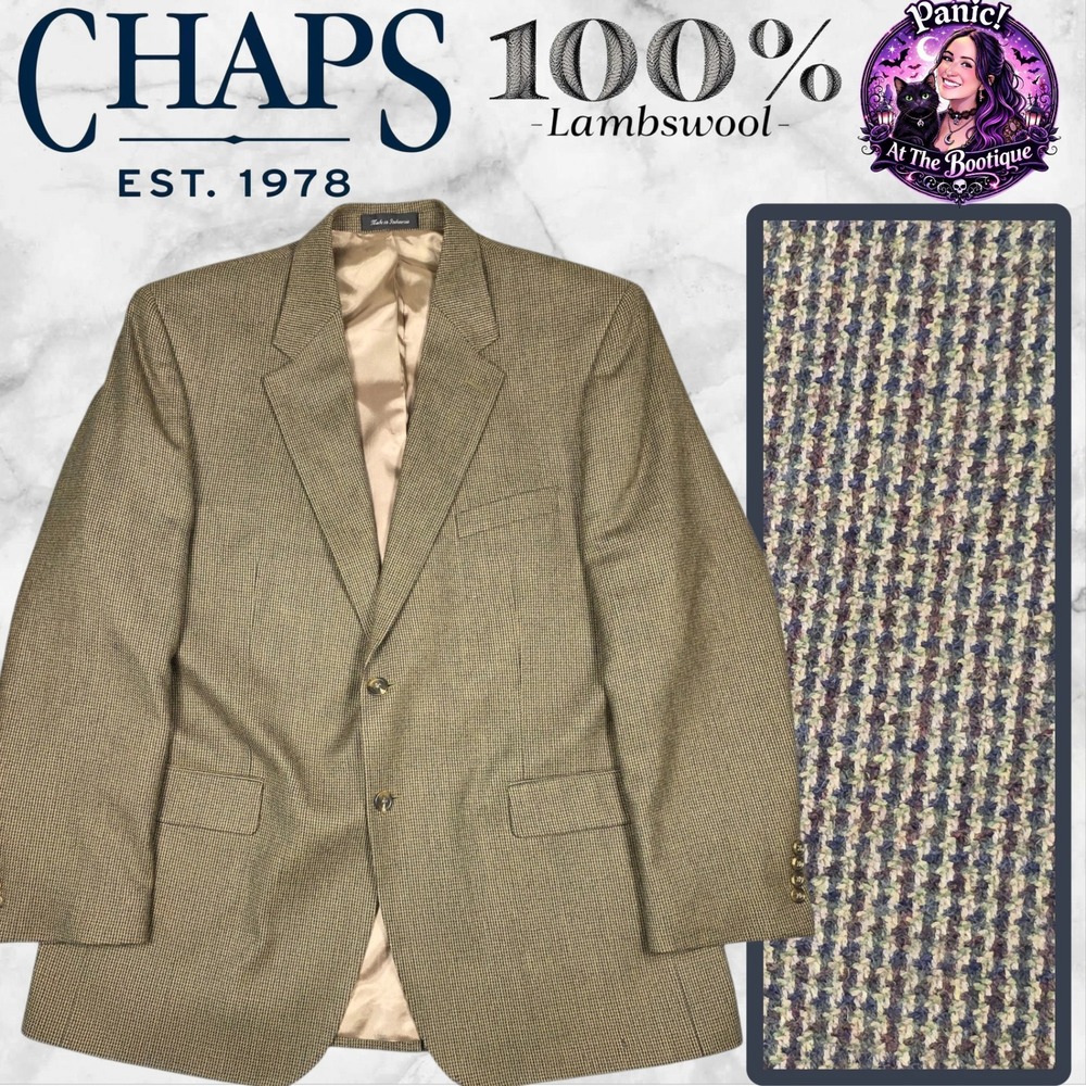 Chaps Blazer Mens 46L Lambswool Tan Birdseye Tweed Sport Coat Classic Academic